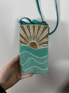 Teal Beaded Sunrise Crossbody Phone Bag